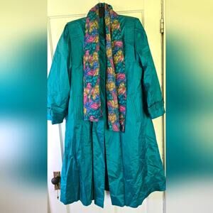 Vintage Teal Trench Length Chiango Jacket with Colorful Scarf Size 16
